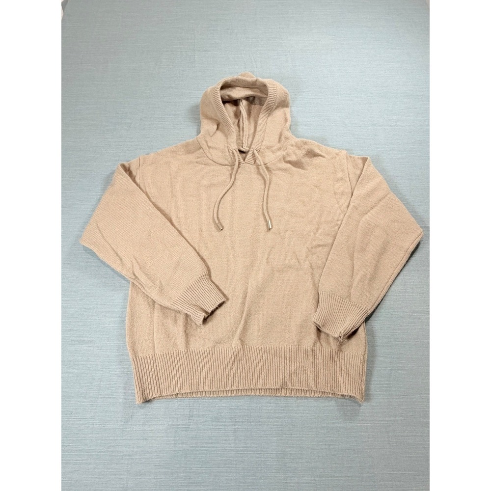 Womens‎ Tan Beige Knit Pullover Hoodie Soft Long Sleeve Ribbed Trim Sweater